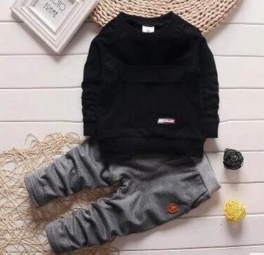 Soft and Comfortable Toddler Sportswear Suit for Boys and Girls, Ages 0-3 - black top and grey pants unisex set for active play