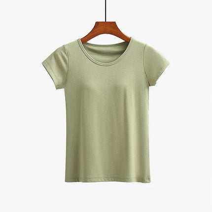 Women's Comfortable Short-Sleeved T-Shirt with Built-in Chest Pad in light green viscose, breathable casual summer top for young women