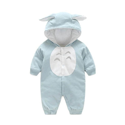 Soft Cotton Baby Jumpsuit for Comfortable Everyday Wear - light blue 100% cotton hooded infant romper with animal ears, breathable soft fabric for naps and play
