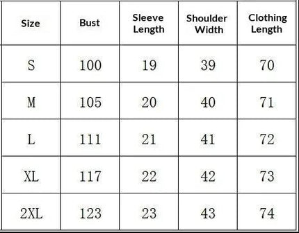 Product specification table for a garment with size chart and measurements.