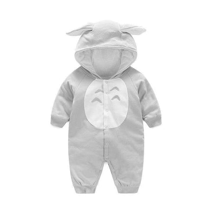 Soft Cotton Baby Jumpsuit for Comfortable Everyday Wear - 100% cotton gray hooded infant romper with animal ears, breathable soft fabric for playtime and naps