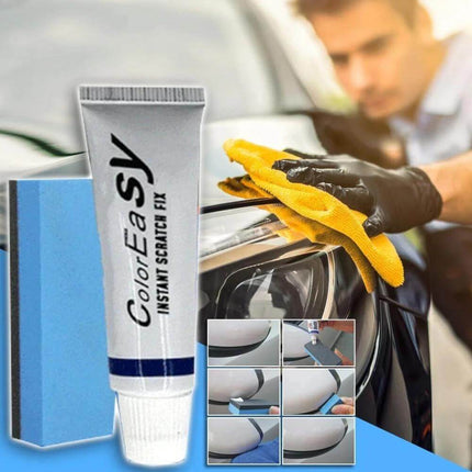 Car Scratch Remover Paste for Minor Auto Paint Repairs - tube, applicator pad and before-after car hood touch-up demonstration