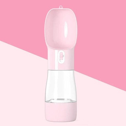 Portable Dog Water Bottle With Food Compartment For Travel — pink dual-chamber pet water bottle with top cup and bottom food storage