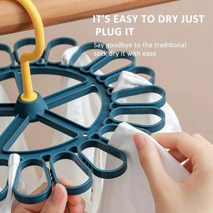 360 Degree Rotatable Sock Hanger With 20 Clips For Laundry - teal 20-clip PP hanger holding socks and small laundry on a rotating hook