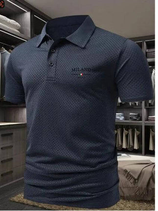Men's Solid Color Short-Sleeved Lapel Polo Shirt for Casual Wear navy pinhole cloth polo styled with jeans or chinos