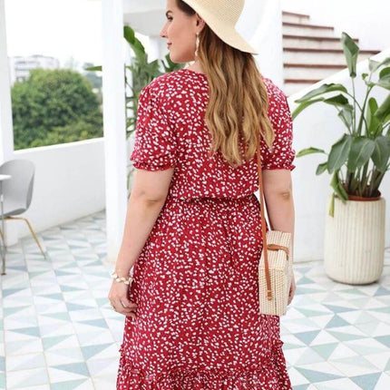 Women's Plus Size Floral Cotton Sun Dress in Rouge Color - back view of plus size woman wearing rouge floral cotton sun dress with sun hat and wicker bag