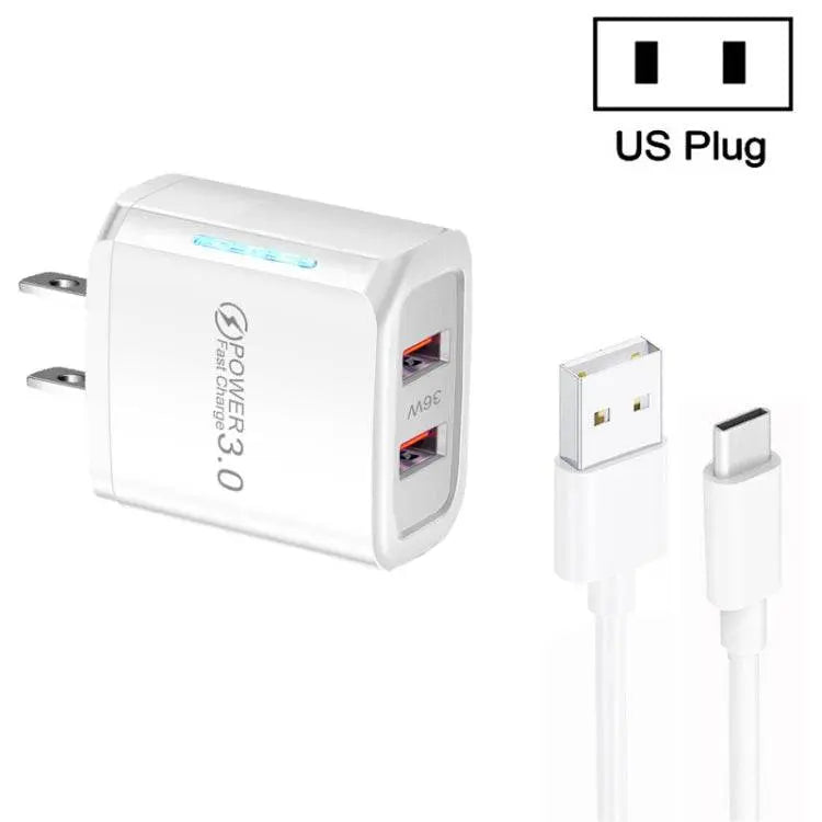 36W Dual Port QC3.0 USB Charger with 3A Type-C Cable