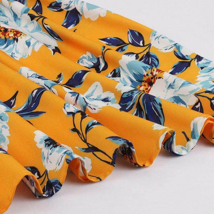 Women's Floral Dress for Casual Everyday Outings - yellow floral polyester-spandex fabric close-up showing lightweight drape