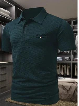 Men's Solid Color Short-Sleeved Lapel Polo Shirt for Casual Wear in dark green pinhole fabric styled with jeans or chinos