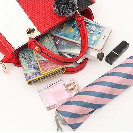 Patchwork Shoulder Bag In PU Leather With Hairball 29cm