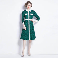 Elegant Dark Green Jacquard Long Sleeve Dress