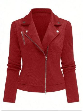 Women's Oblique Zipper Slim Casual Jacket in Black - Red slim oblique zipper jacket for casual urban layering