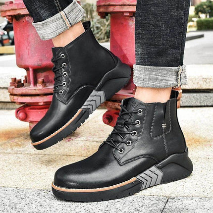 Alt Tag: Men's Leather Wedge Martin Boots For Casual Winter Wear - Black Cowhide Leather Mid-Height Wedge Martin Boots With Lace-Up Front