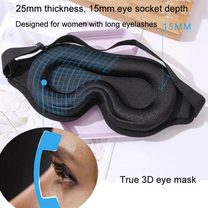 3D Eye Mask for Sleep, Breathable Memory Foam, Ergonomic Nose Bridge - black 3D contoured sleep mask with 25mm thickness and 15mm eye socket depth