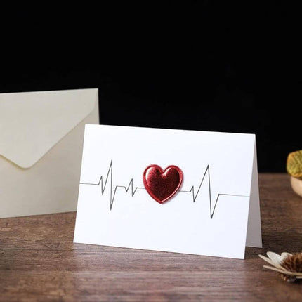 3D Heart Valentine Day Greeting Card With Envelopes showing white card with red heart and heartbeat line, includes matching envelope