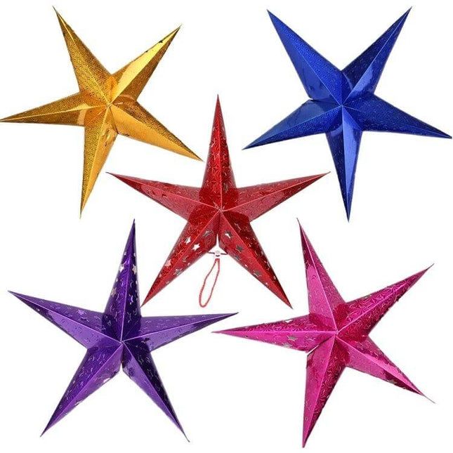 3D Holographic Pentagram Christmas Decoration, 30cm Diagonal - colorful holographic star ornaments in red blue gold purple for window or mantle