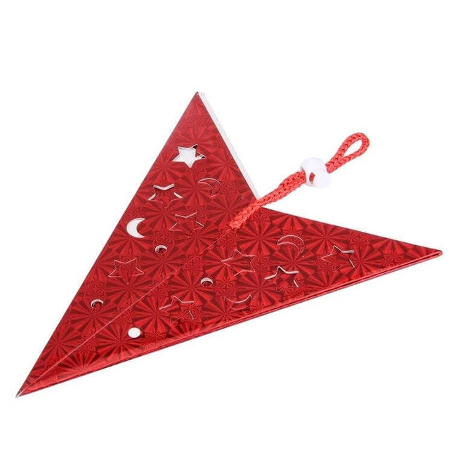 3D Holographic Pentagram Christmas Decoration, 30cm Diagonal red holographic triangular hanging ornament with star and moon cutouts