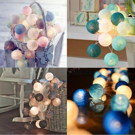 3M Cotton Ball String Lights For Holiday Decor 20 LEDs soft textile-wrapped LED cotton balls in pastel and blue tones draped in baskets and shelves