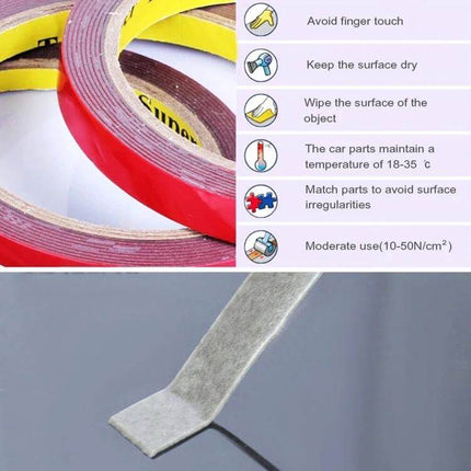 3M Red Acrylic Foam Double-Sided Tape for Mounting roll showing red liner, foam core and application icons for mounting on metal glass wood plastic