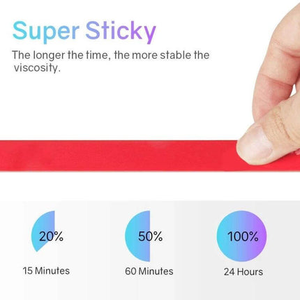 3M Red Acrylic Foam Double-Sided Tape for Mounting held between fingers with sticky red strip and adhesion time chart