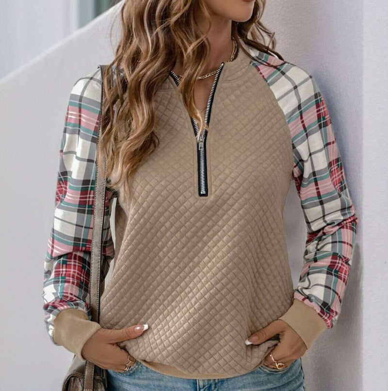 Perfee Plaid Half Zip Long Sleeve Texture Sweatshirt