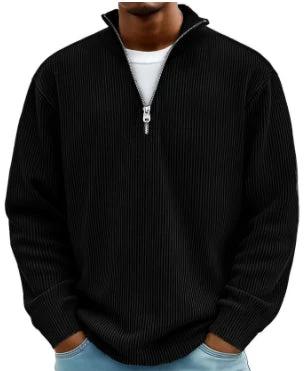 Men's Corduroy Zipper Stand Collar Long Sleeve Sweatshirt in black, ribbed corduroy, half-zip casual pullover for everyday layering