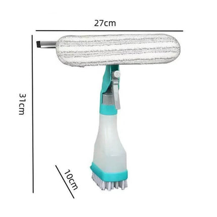 4 In 1 Double Sided Glass Wiper Window Squeegee With Spray Bottle shown with 27cm head, 250ml spray bottle, brush and replaceable cotton pad