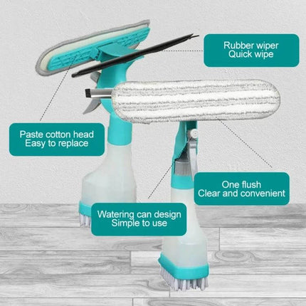 4 In 1 Double Sided Glass Wiper Window Squeegee With Spray Bottle shown with rubber wiper, replaceable cotton head, brush and 250ml spray bottle