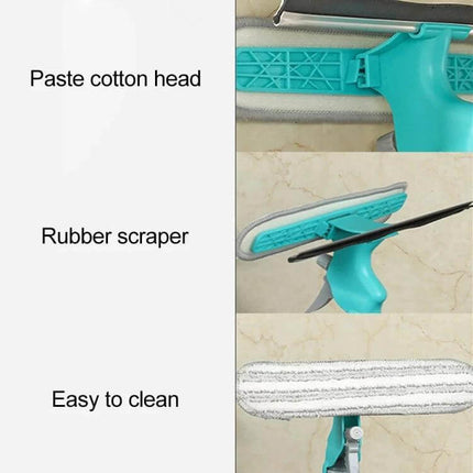 4 In 1 Double Sided Glass Wiper Window Squeegee With Spray Bottle showing paste cotton head, rubber scraper and easy to clean replaceable pad