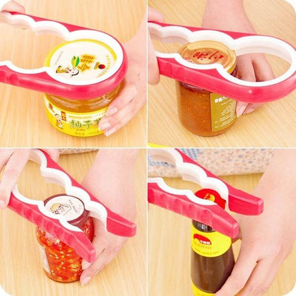 4-In-1 Multi-Function Bottle Opener for Easy Opening at Home showing red plastic opener removing various jar and bottle lids