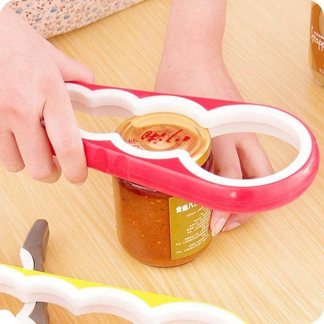 4-In-1 Multi-Function Bottle Opener for Easy Opening at Home - red plastic jar and bottle lid opener in use on kitchen jar