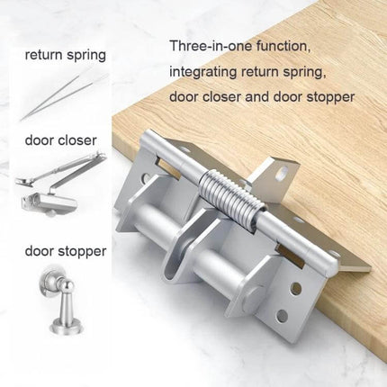4 Inch Multifunction Door Closer Hinge For Cabinets And Doors Steel Silver compact three-in-one steel hinge with return spring, door closer and stopper