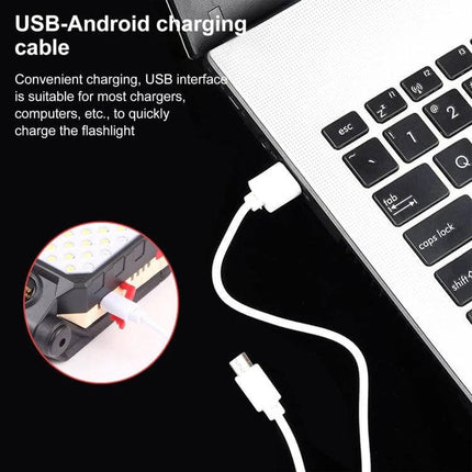 4 Modes LED Work Light With Magnetic Base For Home Tasks showing USB-Android charging cable plugged into laptop for quick recharging