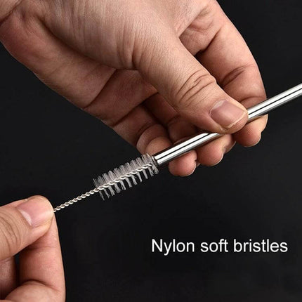 4 Pack Reusable Stainless Steel Drinking Straws With Cleaning Brush Kit Straight showing nylon-bristle brush cleaning a silver stainless steel straw