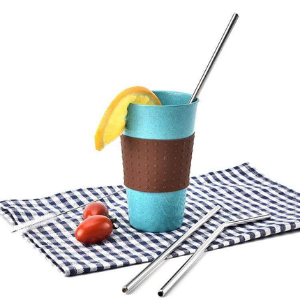 4 Pack Reusable Stainless Steel Drinking Straws With Cleaning Brush Kit Straight - stainless straw in blue cup with lemon and cleaning brush