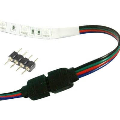 4 Pin Male RGB LED Strip Connector For Flexible Lighting - black snap-on 4-pin connector joining RGB LED strip with colored wires