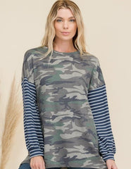 Celeste Full Size Camo Print High-Low T-Shirt with Stripe Sleeves