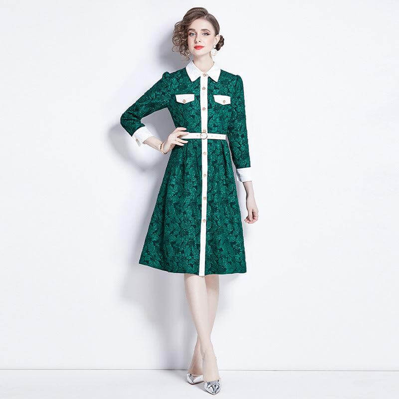 Elegant Dark Green Jacquard Long Sleeve Dress