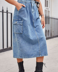 Slit Buttoned Denim Skirt with Pockets