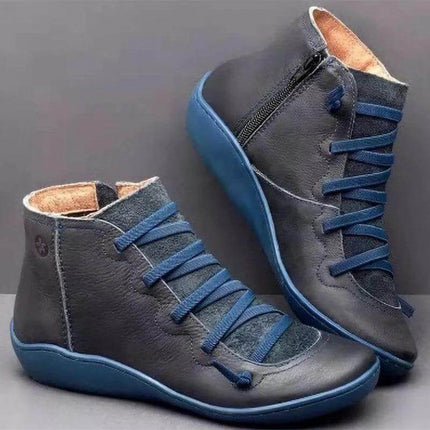 Women's Casual High Top Short Boots With Low Heel Round Toe in navy PU with side zipper and blue sole