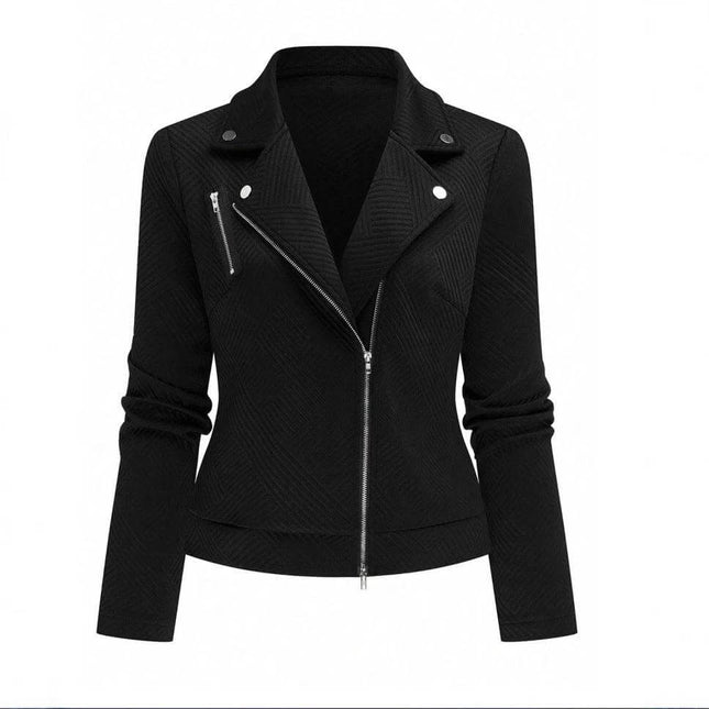 Women's Oblique Zipper Slim Casual Jacket in Black - slim black polyester jacket with oblique silver zipper, moto collar and long sleeves for casual layering
