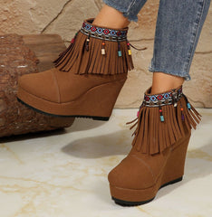 Fringe Suede Wedge Boots