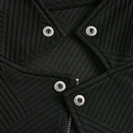 Women's Oblique Zipper Slim Casual Jacket in Black close-up of oblique zipper, snap buttons and textured black fabric, slim casual layering