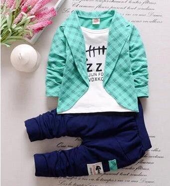 Soft and Comfortable Toddler Sportswear Suit for Boys and Girls, Ages 0-3 - aqua plaid jacket, white tee and navy joggers set for active play