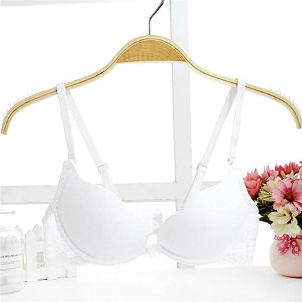 Comfortable Lace Bra for Small Busts and Everyday Wear for Students white lace bra on hanger with bow detail