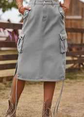 Drawstring Denim Cargo Skirt