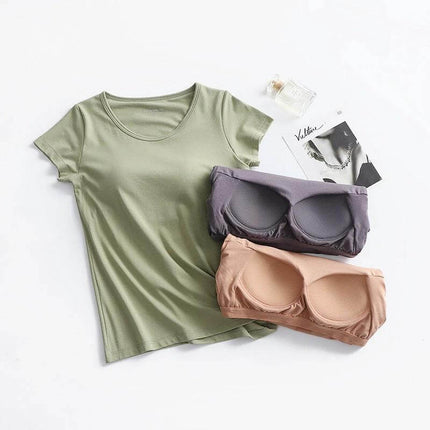 Women's Comfortable Short-Sleeved T-Shirt with Built-in Chest Pad in green viscose with removable chest pads, casual breathable summer tee