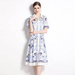 Chic Printed Mid-Length Dress with Slim Collar and Short Sleeves