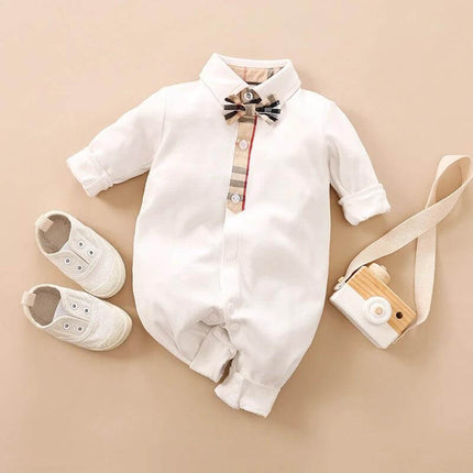 Soft Cotton Gentleman's Long-Sleeved Baby Romper for Daily Wear — white cotton baby romper with bow tie, plaid trim, shoes and toy camera