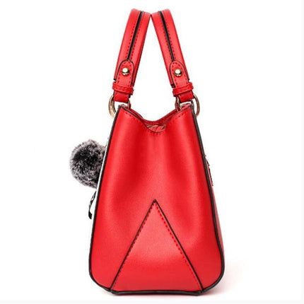 Patchwork Shoulder Bag In PU Leather With Hairball 29cm